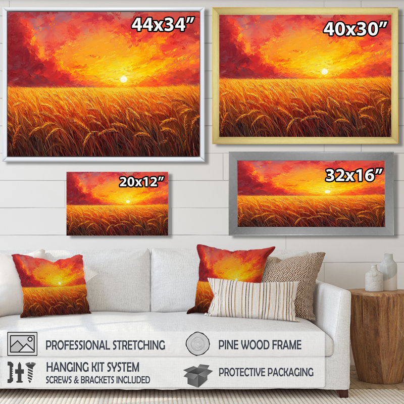 Coucher de soleil sur le champ de blé III - campagne grand art mural, H 16 po x l 32 po, Cadre flottant, Crème, crème