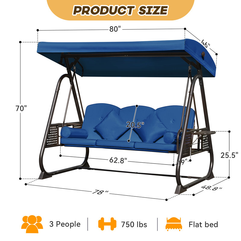Balancelle de patio à 3 places avec auvent ajustable Arlmont & Co., Bleu