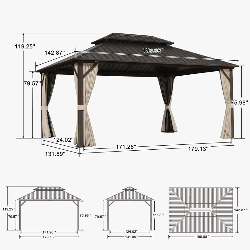 Aluminum Patio Hardtop Bronze Gazebo with Privacy Curtain and Mosquito Netting, 120.15'' H x 190.15'' W x 142.9'' D
