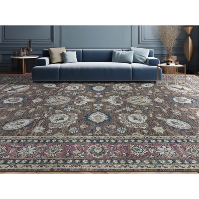 Tapis brun et rouge de haute qualité noué à la main