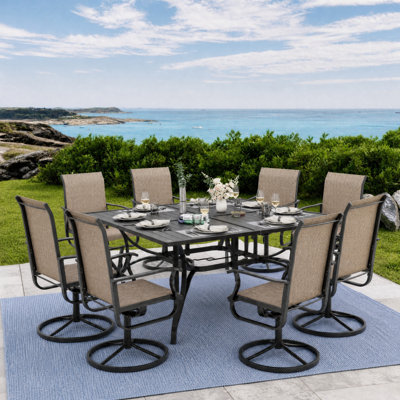 Ensemble de salle à manger d'extérieur 9 pièces avec chaises pivotantes à 360° en textile, table et chaises d'extérieur modernes en métal antirouille pour 6 personnes avec dossier et accoudoirs ergonomiques incurvés