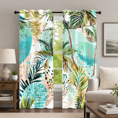 2Pcs Tropical Palm Leaf Curtains, Botanical Theme Artistic Curtain, Refreshing Summer Plant Printed Grommet Drapes, Window Treatment for Bedroom Living Room Decor