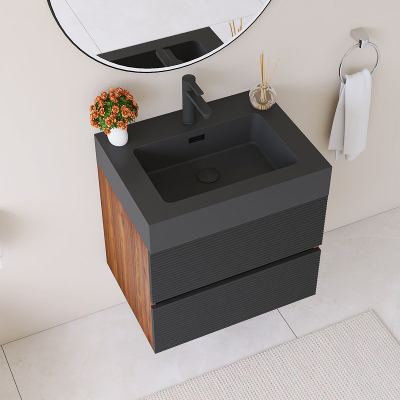 24" Wall-Mounted  Bathroom Vanity With Black Solid Surface Basin, 24"