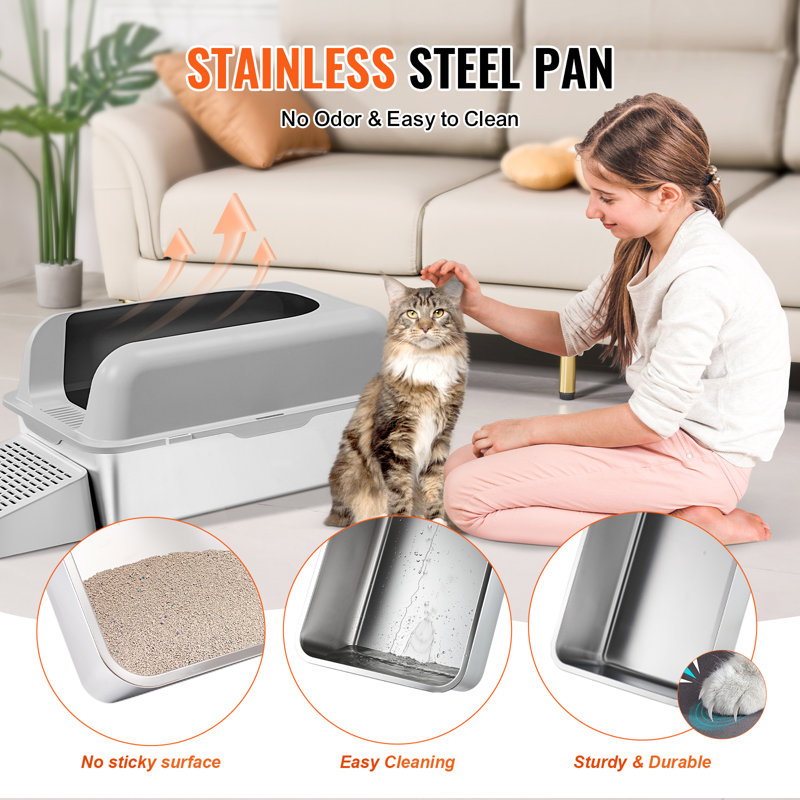 Light Gray Stainless Steel Extra Large Cat Litter Box with Scoop