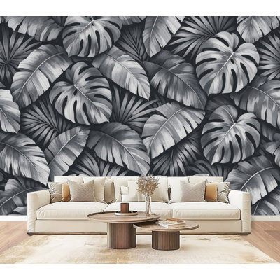 Papier peint adhésif noir et blanc avec feuilles de palmier Monstera et feuilles de palmier tropicales, jungle tropicale, 69 po x l 96 po, papier peint amovible en PVC, adhésif pour chambre à coucher, bureau à domicile