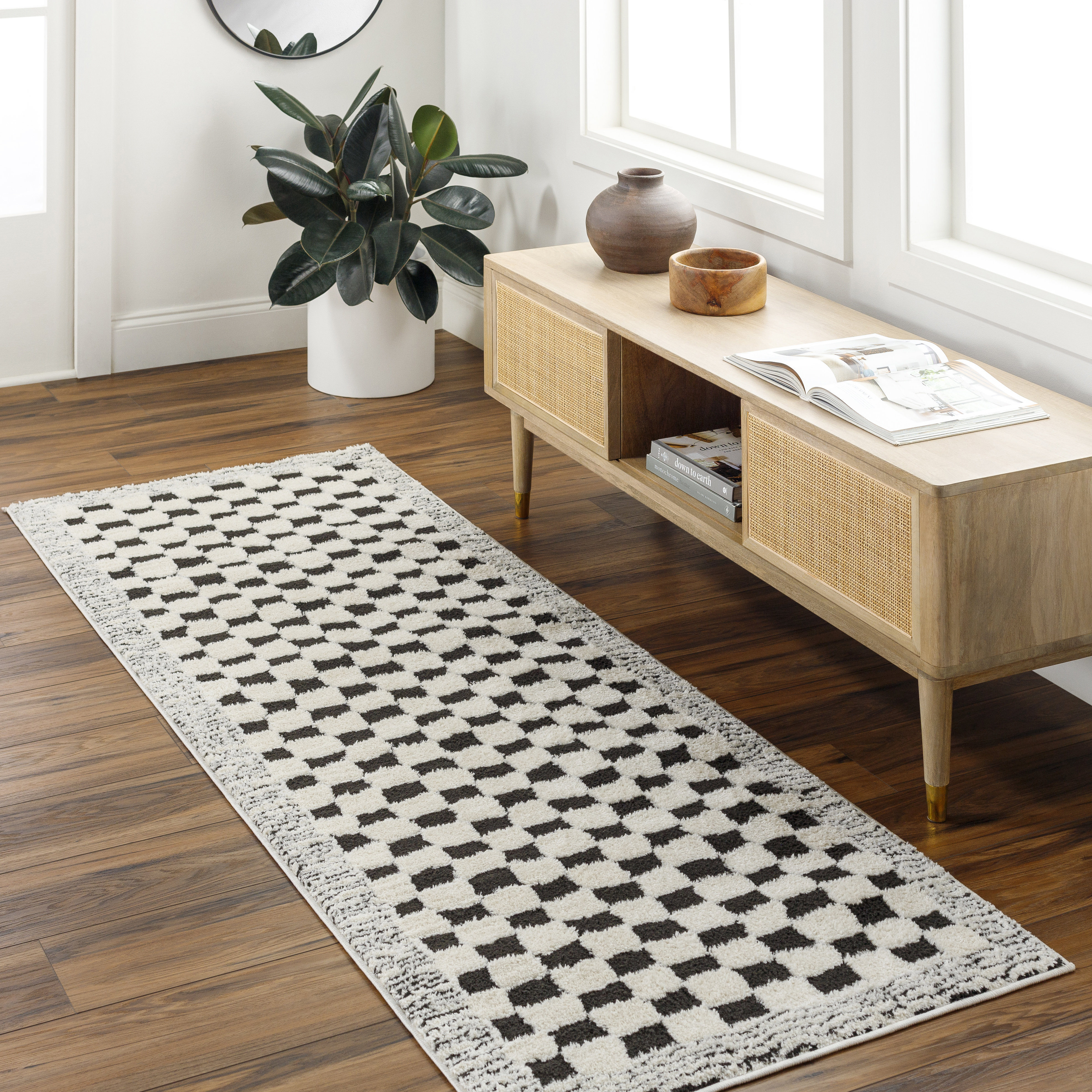 Aryas Checkered Machine Woven Polyester Area Rug in Black/Cream