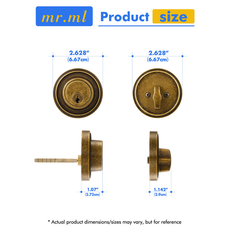 MRML Deadbolt Brushed Gold Keyed Entry Dead Bolt Lock, Single Cylinder, Lock with Key, Used for Exterior Front Entrance Entry Door