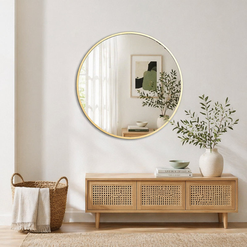 Miroir de salle de bain rond en métal, L 32 po, Doré
