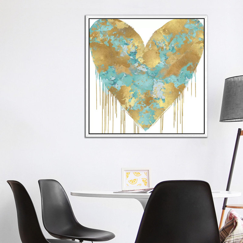 Big Hearted Aqua And Gold by Lindsay Rodgers - Print on Canvas, 93.98cm H x 93.98cm W x 3.81cm D, White Framed