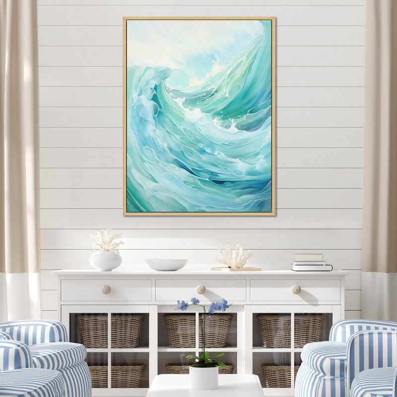 Tempête sarcelle et vague II sur toile, Cadre flottant naturel, H 32 po x l 24 po x P 1 po