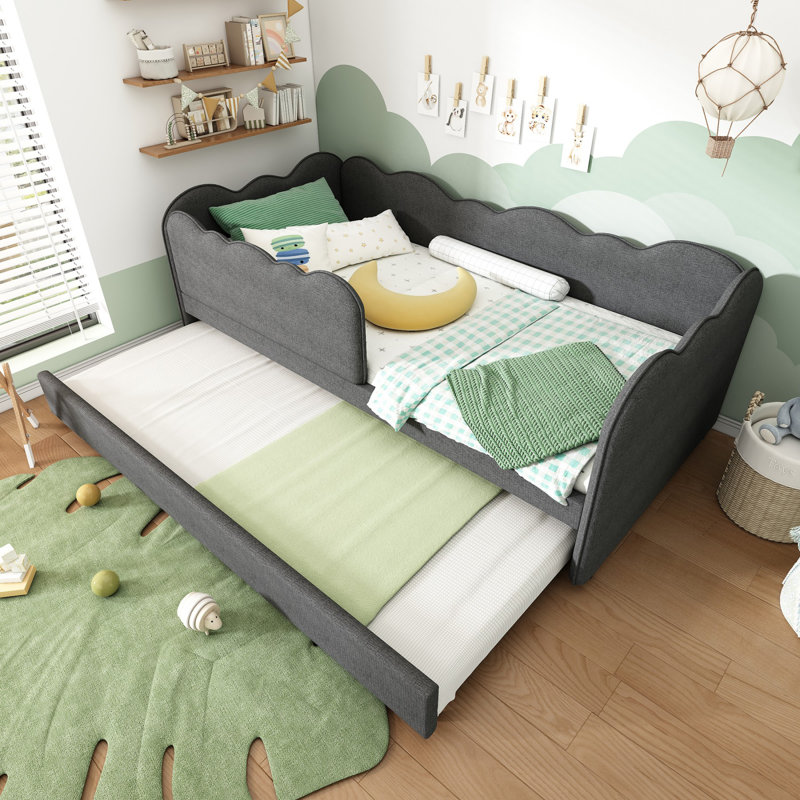 Linen 3FT Single Daybed with Pull Out Trundle, L-Shaped Cloud Design, Slatted Frame, No Box Spring, 90x190 cm, Gray