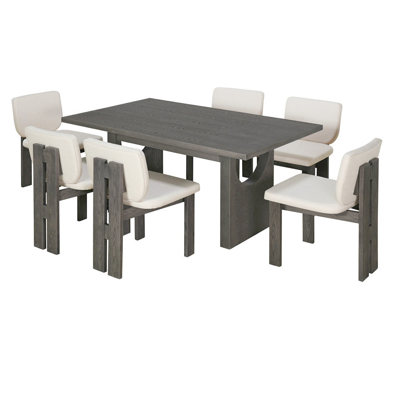 Ensemble de salle à manger 7 pièces avec table rectangulaire et base à tréteaux, comprenant 6 chaises rembourrées pour la salle à manger ou la cuisine