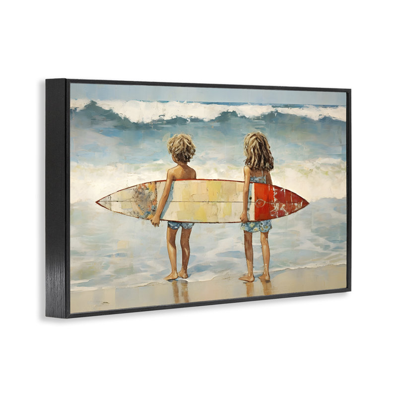 «Kids with Surf Waves», estampe numérique par Petal Prints Design, Giclée encadrée noir minuit, H 12 po x l 18 po