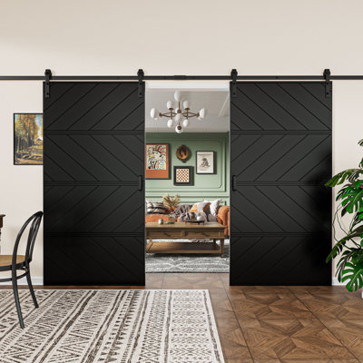 84" x 84" Black Double Modern Wave Design Sliding Barn Door with Installation Hardware Kit(Easy Assembly)