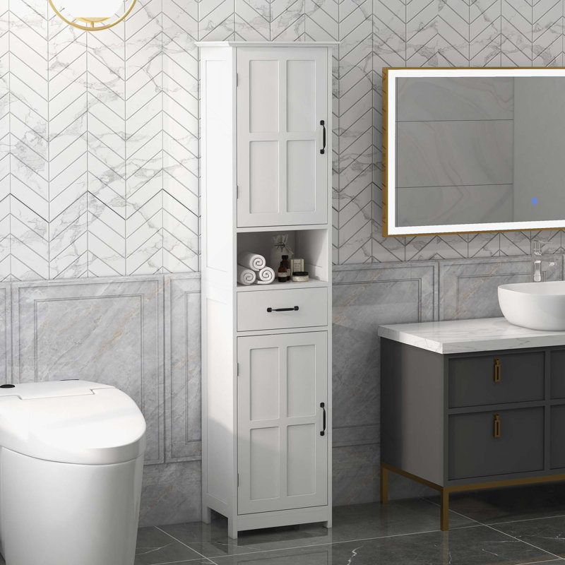 Armoire de rangement mince et haute pour salle de bain, tour à linge avec tablette ouverte, tiroir, portes encastrées et tablettes réglables