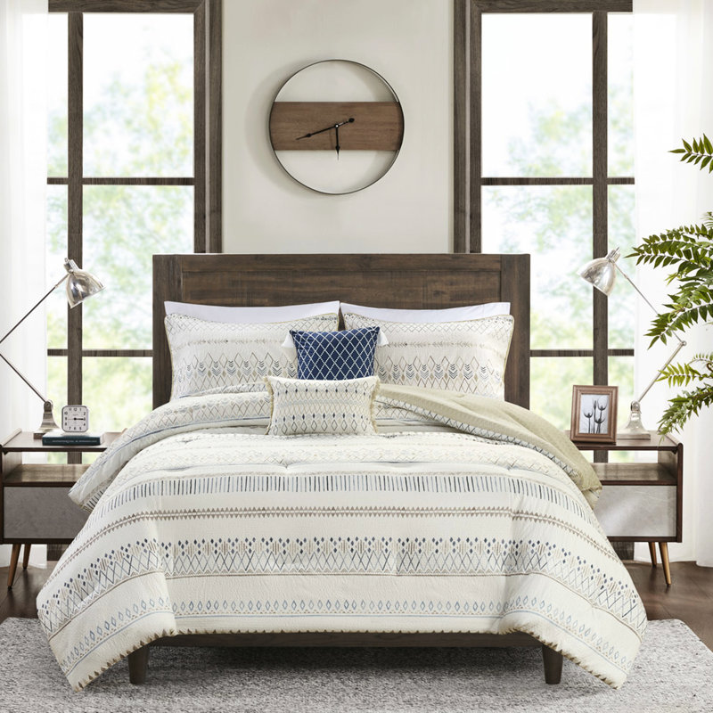 Édredon double / grand - Imprimé seersucker bleu doux et taupe, 2 taies décoratives, literie lavable et machine à jeter le diamant dans une machine à laver commerciale