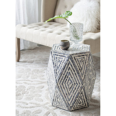 Table d'appoint hexagonale noire / blanche, 16 x 14 x 18 po, incrustée, console de vestibule noir et blanc