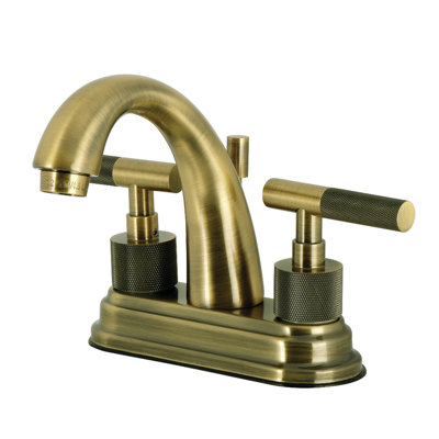 Robinet de salle de bain central à 4 trous à fixation sur comptoir à 3 trous avec poignée moletée et bonde escamotable en laiton Kingston