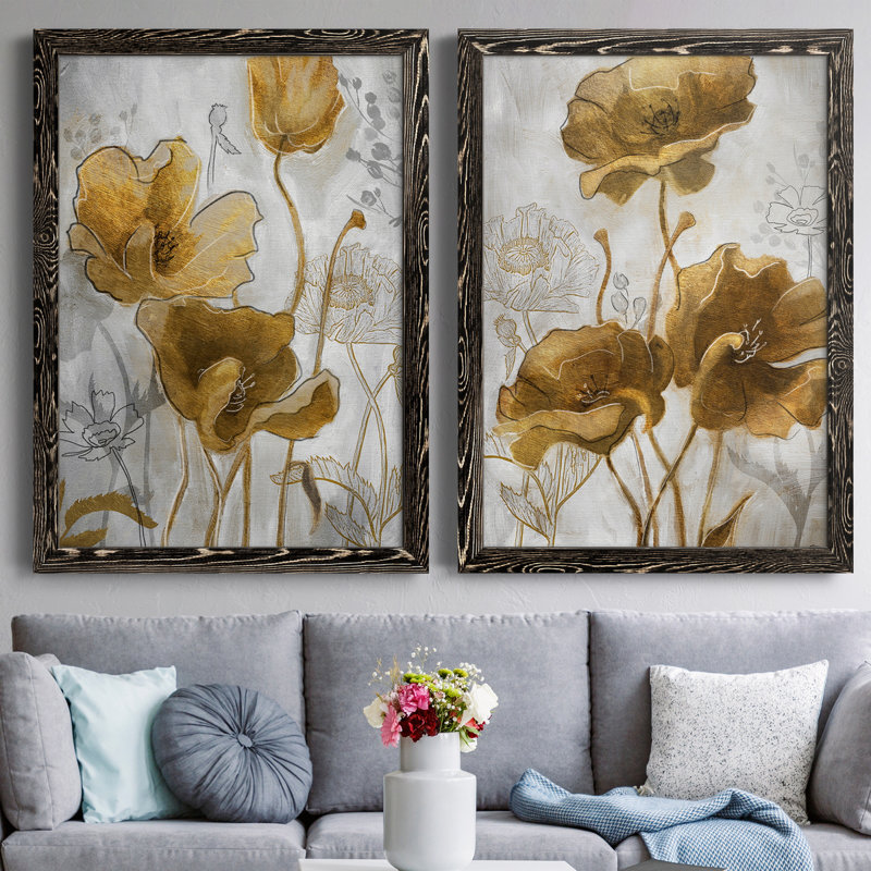 Or et argent Flowerfield I - ensemble de 2 peintures sur toile encadrées, Toile avec cadre noir