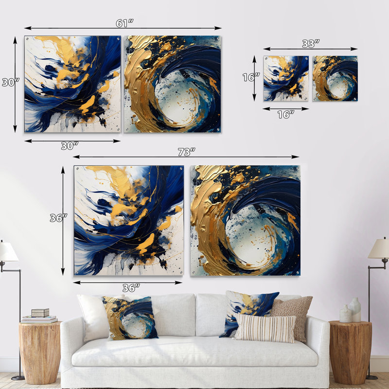 «Dark Blue And Gold Strokes II», ensemble de 2 verres muraux en acrylique, H 16 po x l 33 po