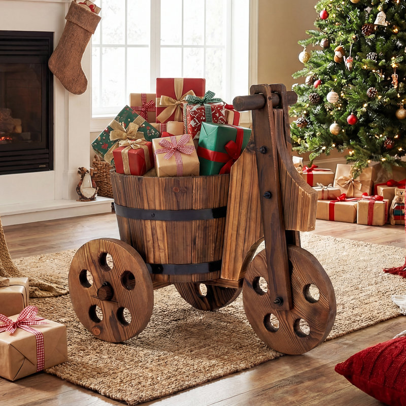  2 pièces Jardinière tricycle en bois rustique avec pot de tonneau et drainage pour jardin de patio, 2