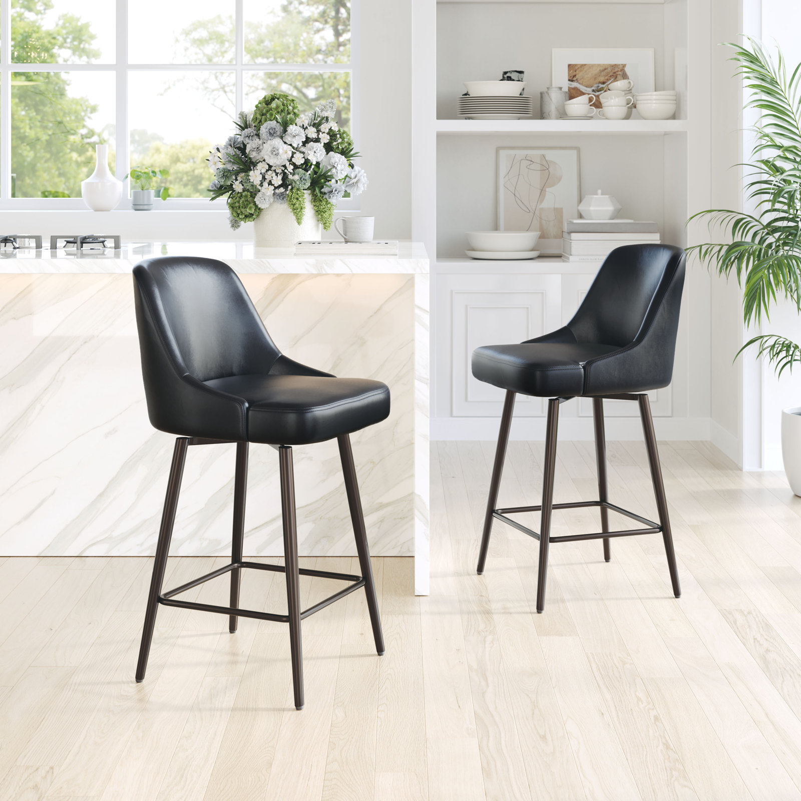 Zack 30" Swivel Bar Stool, 26.4" Seat Height, Black/Bronze