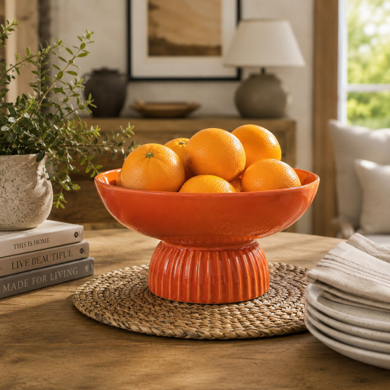 Ribbed Pedestal Fruit Bowl, Wide Basin, Glazed Orange Ceramic 11 Inch