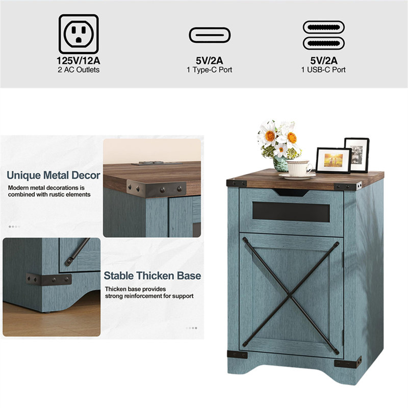 Vintage Farmhouse Nightstand With Charging Station – Rustic Side Table With Drawer & X-Shaped Barn Door, Blue