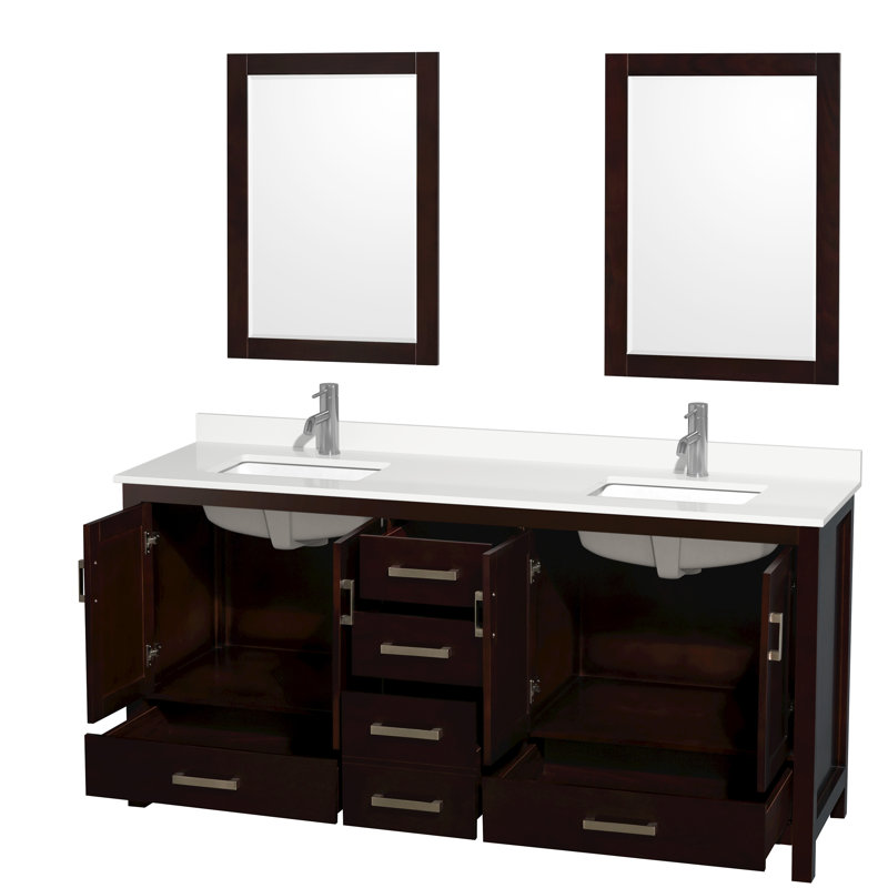 Sheffield 72" Freestanding Double Bathroom Vanity with Quartz Top with 24" Mirrors, Giotto Quartz, Brown