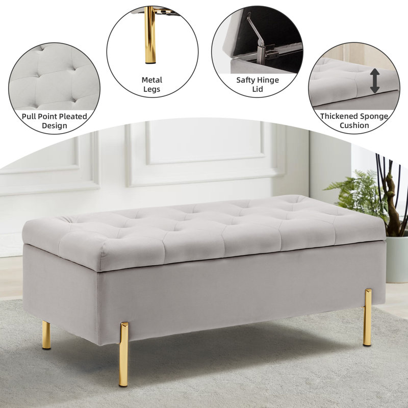 Velvet Storage Bench Ottoman,Versatile Seating With Hidden Storage,End Of Bed Bench,Tufted Bench With Storage, Dark Gray