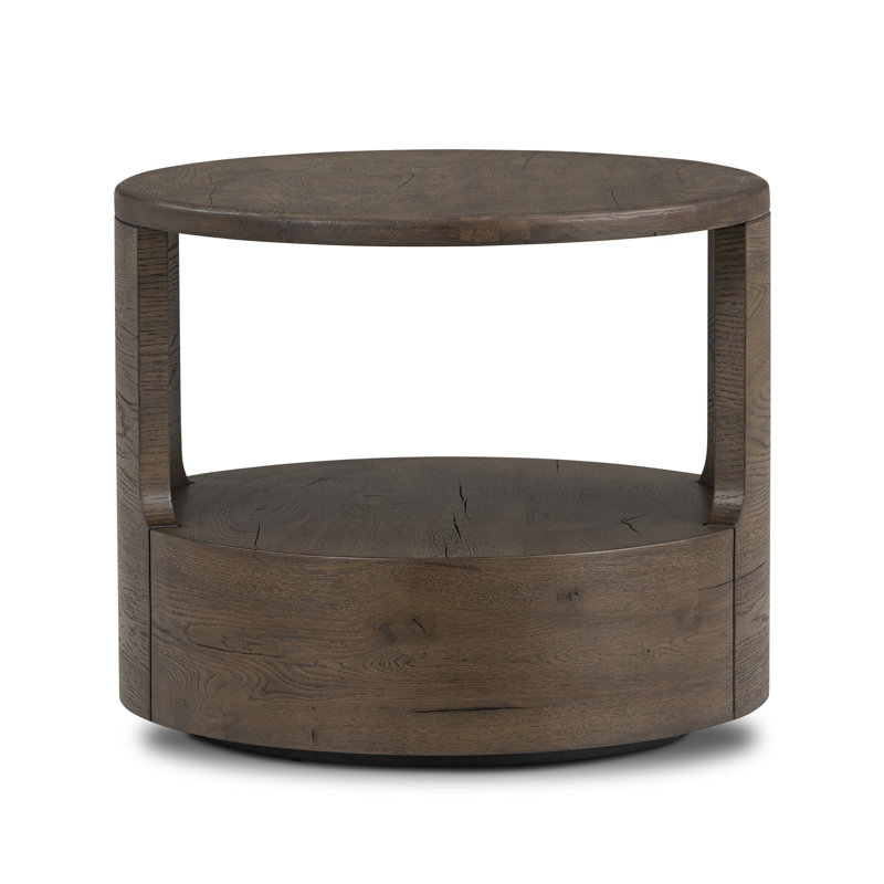 Table de bout cylindrique en bois massif avec rangement Janielle, Chêne français récupéré gris