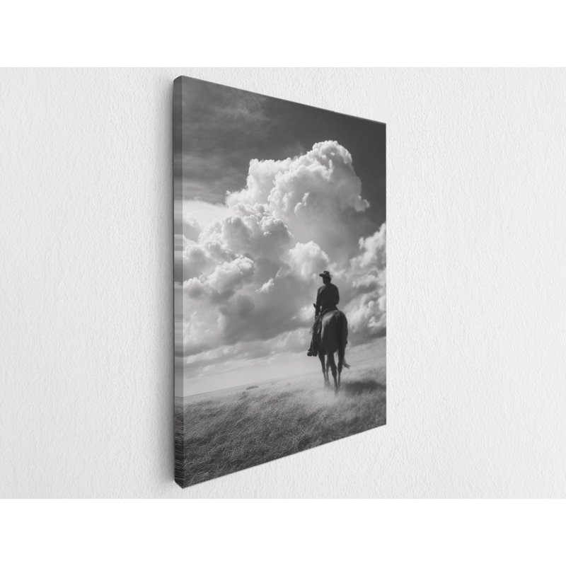 «Cowboy Riding Under Texas Sky», impression sur toile «Western Wall Decor» rustique en noir et blanc, H 18 po x l 12 po