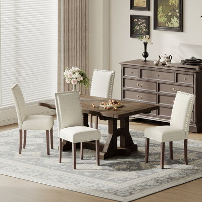 Vintage 6" Thick Seat Linen Parsons Dining Chairs with Nailhead Trim Solid Wood Legs