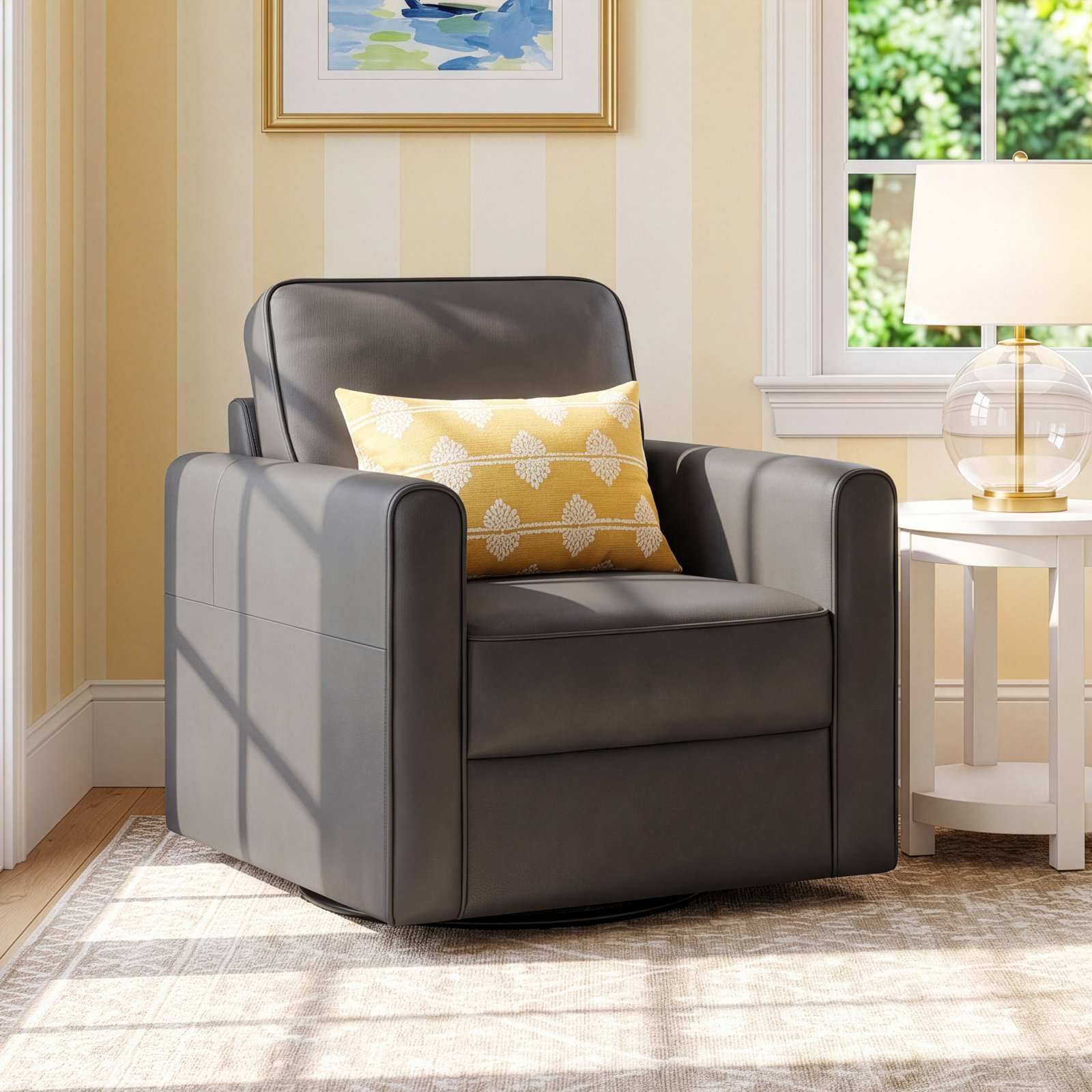 Genuine Leather Swivel Accent Chair, Light Gray