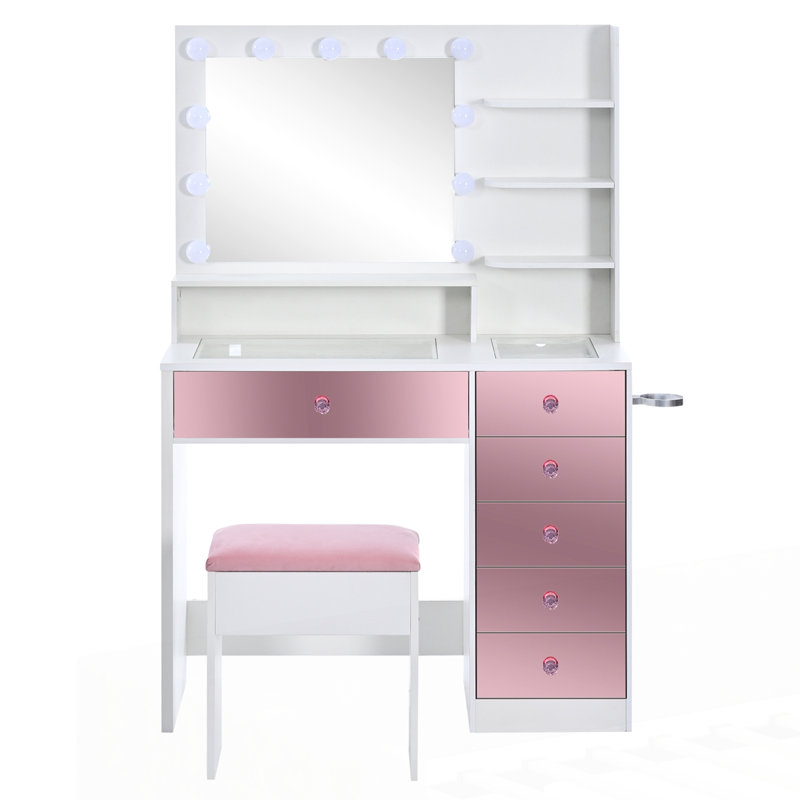 Bureau de coiffeuse avec plateau en verre et 11 ampoules Hollywood
