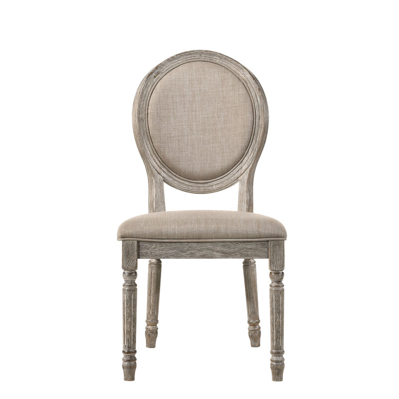 Chaises d'appoint en chêne (2) - Revêtement en tissu brun clair, base empilable, siège en forme de boîte, pieds tournés, dossier ovale, capacité de poids de 220 lb, profondeur de 20 po et chaise de finition (2 pièces) revêtues