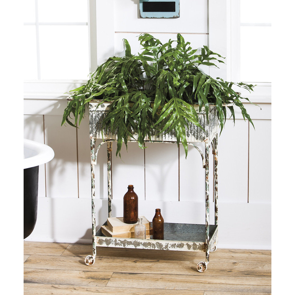 Millar White Washed Galvanized Metal Two Tier Planter Cart with Tub on the top Laurel Foundry Modern Farmhouse®