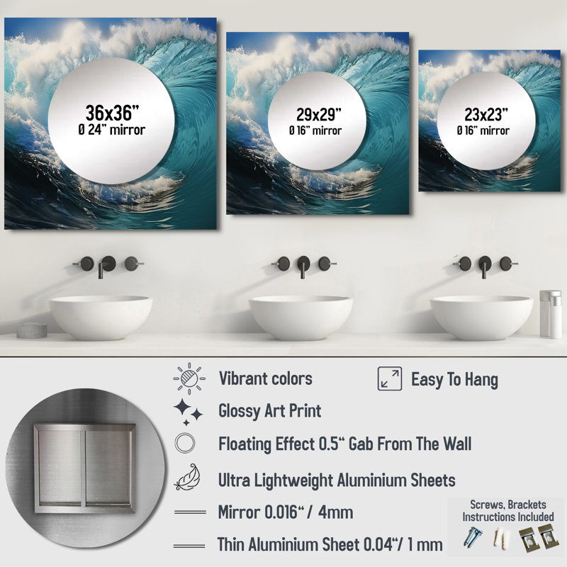 Anthoney - Turquoise Ocean'S Force Unleashed I Coastal Large Square Mirror Wall Decor For Bedroom, 29" x 29"