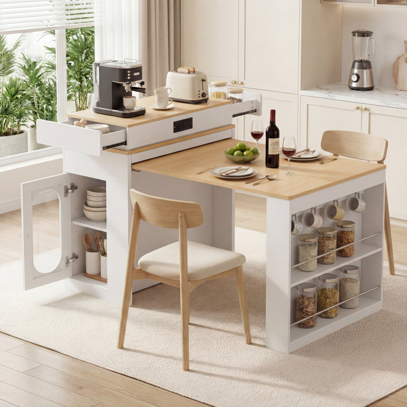 Extendable Folding Dining Table & Kitchen Island with Power Outlet, Drawers, Hooks and Wheels, Creamy White + Natural