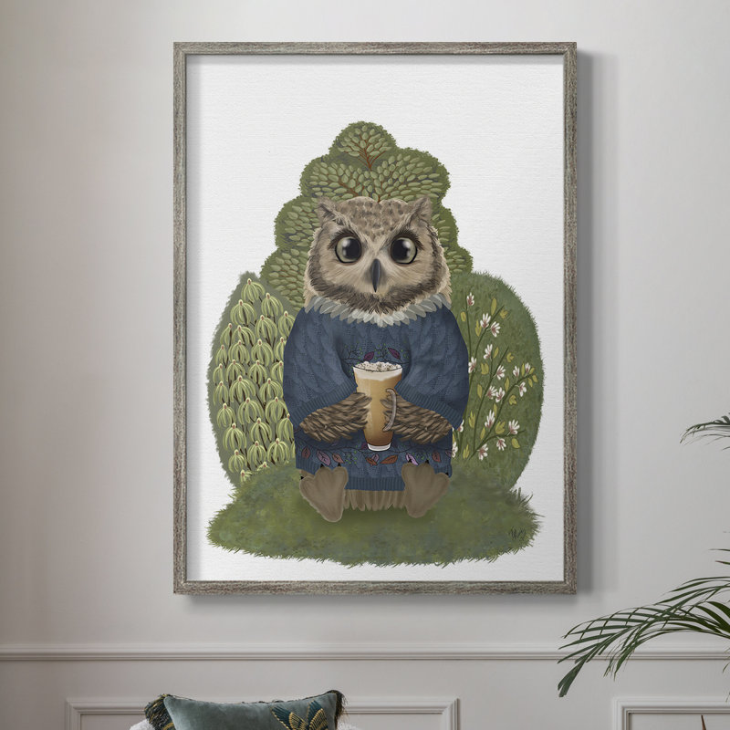 Latte Owl dans un chandail, reproduction encadrée - bois massif