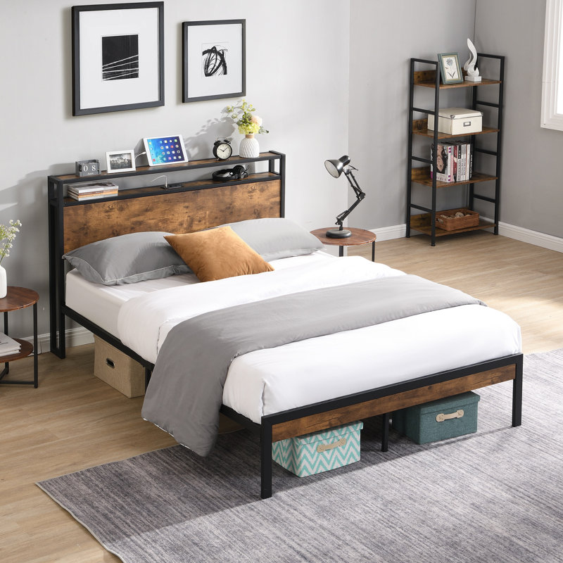 Metal Platform Bed Frame with Wooden Headboard , No Box Spring Needed, Easy Assemble, King, Black/Brown