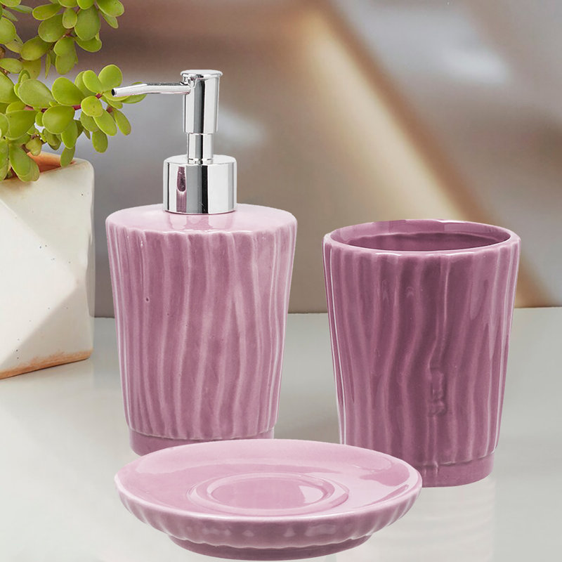 Ensemble d'accessoires de salle de bain Dolomite - Distributeur de savon, porte-savon et gobelet, Mauve