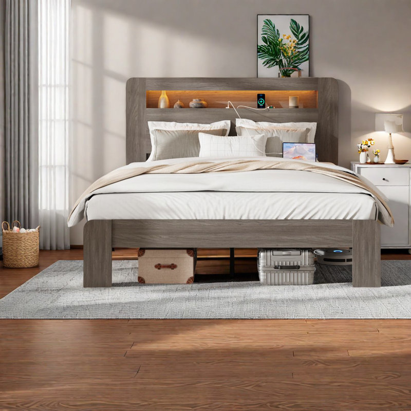 Lits modernes peu encombrants, grand lit en bois et en métal avec rangement et USB
