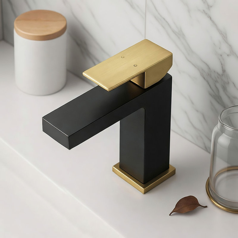 Robinet de salle de bain monocorps et monocommande avec drain, Or brossé et noir mat