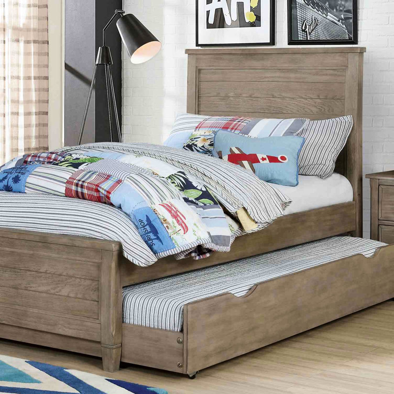Lit gigogne simple transitionnel, gris chaud brossé au fil de fer, bois massif, grain de bois pour la chambre à coucher - look convivial