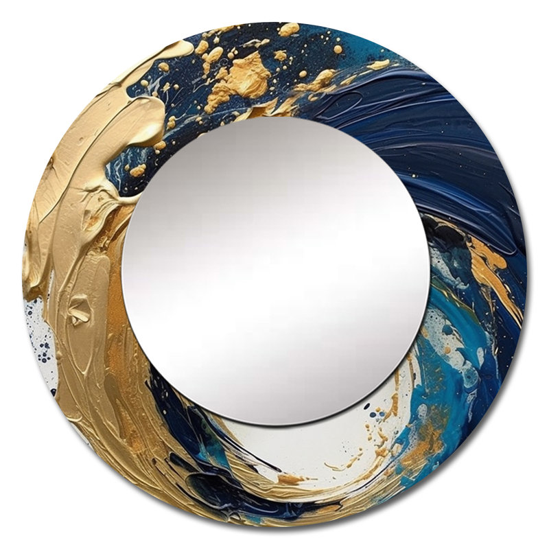 Dark Blue And Gold Strokes VI - Abstract Large Round Mirror, 29" x 29"