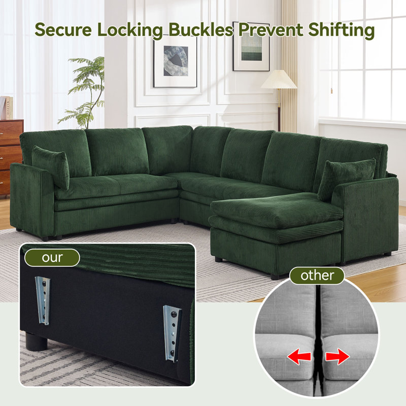  Modular Sectional Sofa with Chaise Lounge, Comfy Deep Dual-Layer Cushion Couch, Green, 7 Seater Right Chaise Couch