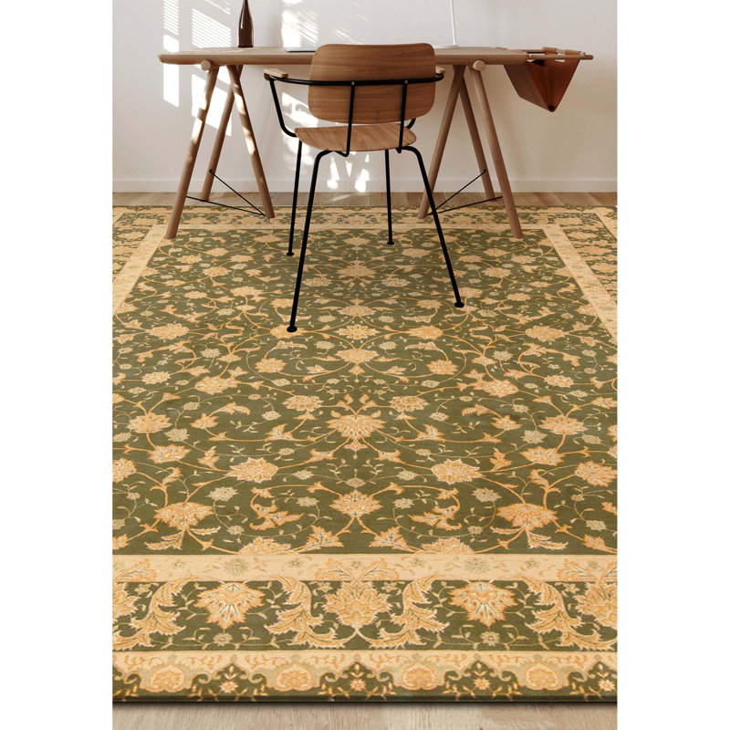 Tapis vert olive de haute qualité noué à la main