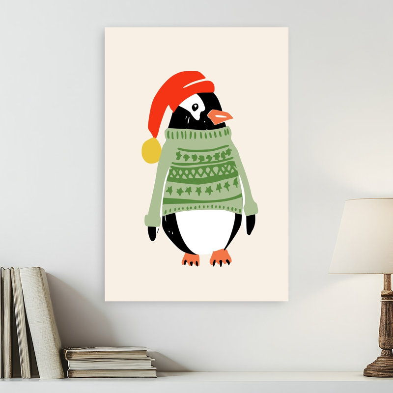 Jolly Christmas Penguin Contemporary Bird Penguin Winter Wall Art Print 1 Piece Wrapped Canvas Wall Art