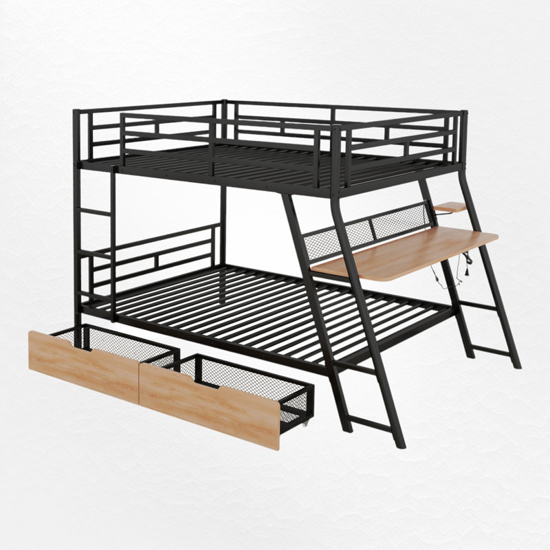 Zillah Metal Bunk Bed with Built-in Desk, Drawers and LED Light, Full over Full, Black/Oak